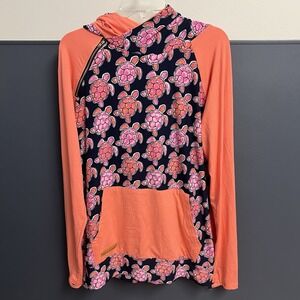 Simply Southern Double Hood Pullover Pink & Navy‎ with Turtles Women's Sz Large